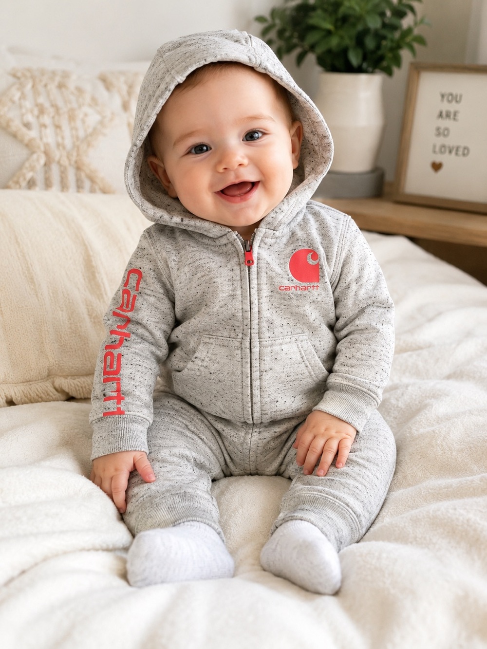Carhartt Baby 3M Hooded Zip Coverall Gray Speckled Logo One Piece Romper